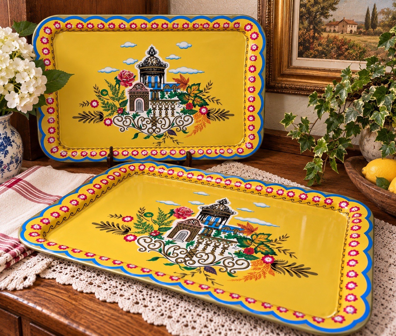 Vintage Baret Ware Espanada Metal Serving Trays Pair Yellow 1960s England MCM
