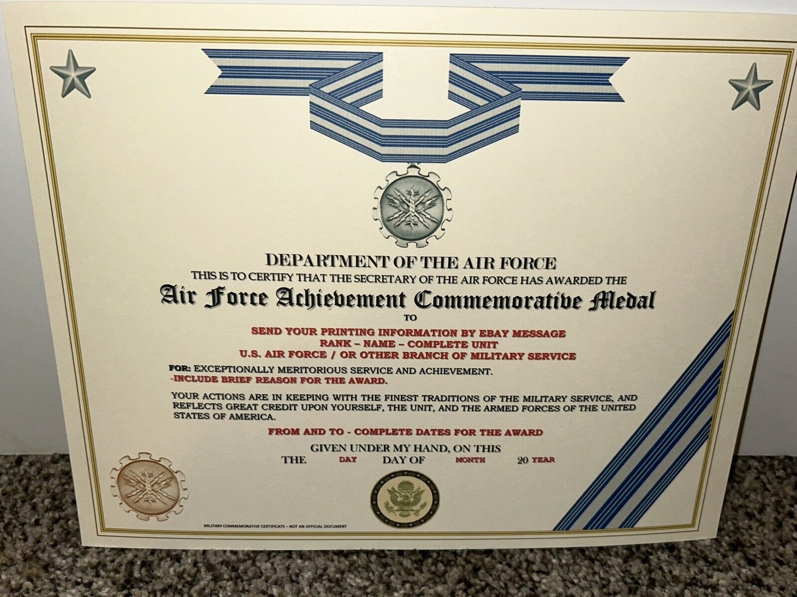 U.S. AIR FORCE ACHIEVEMENT MEDAL COMMEMORATIVE CERTIFICATE ~ TYPE-2 / W/PRINTING