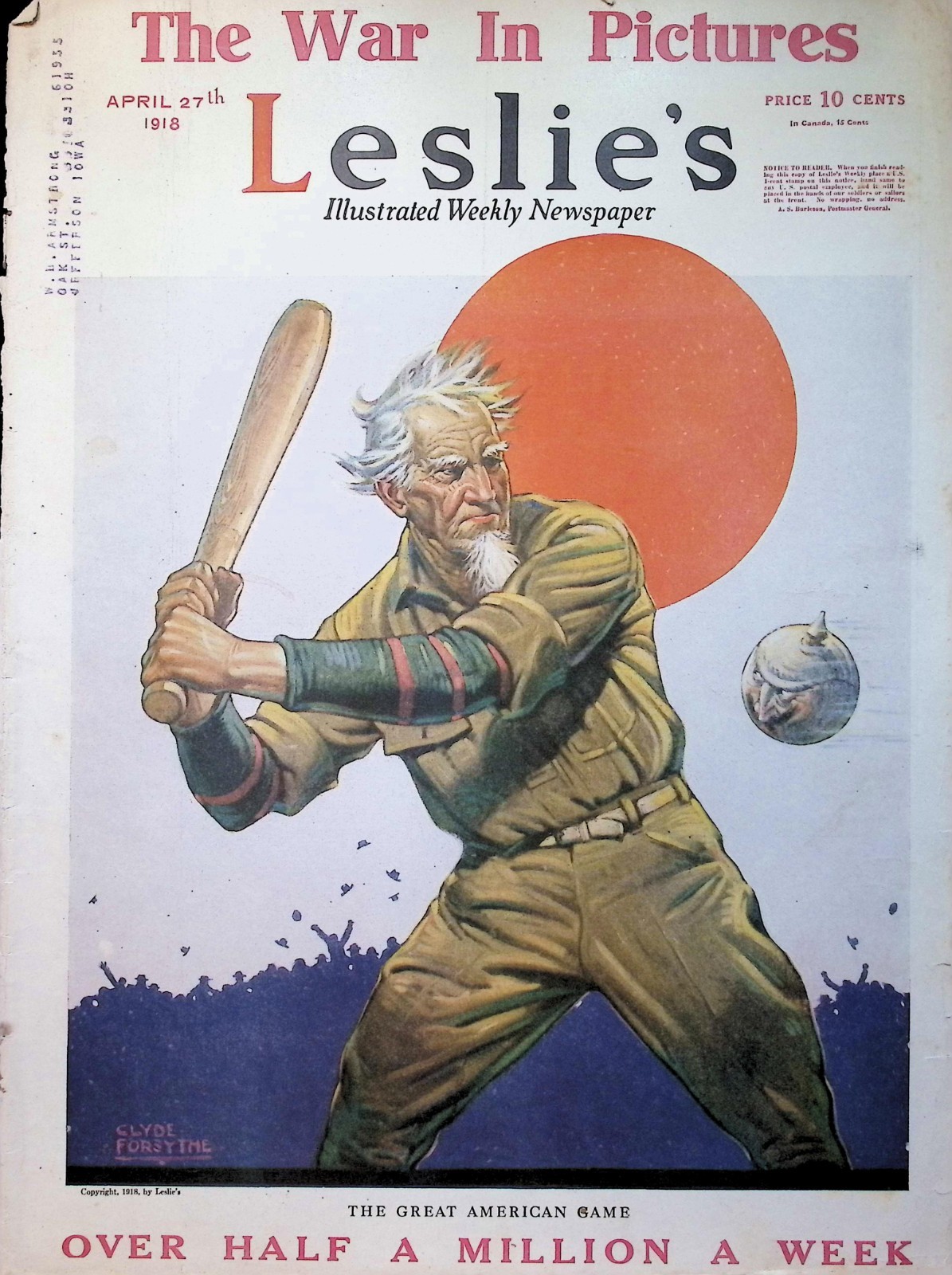 Original 1918 Vintage Leslies Magazine Cover Only ft. Uncle Sam Baseball WW1 Art