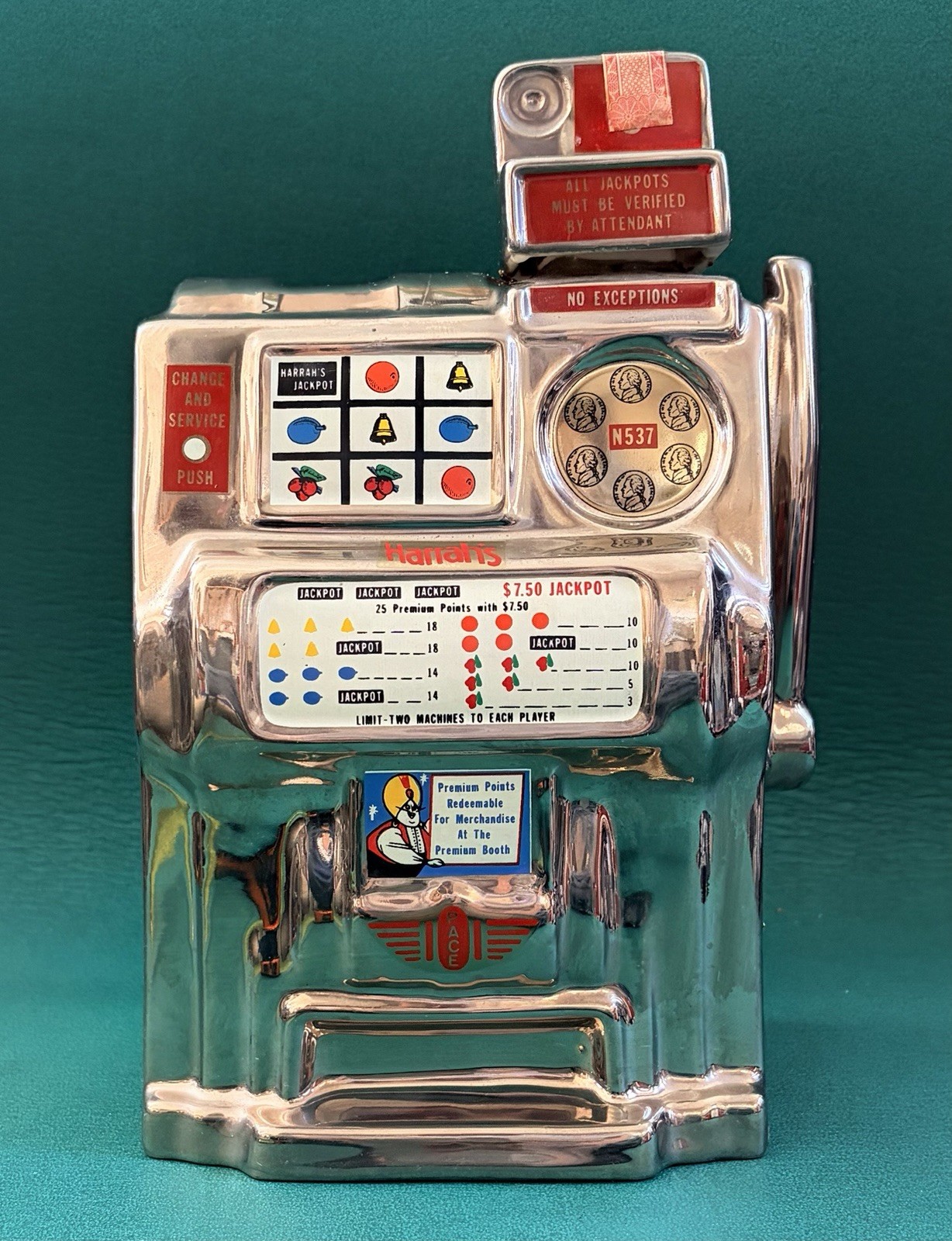 Vtg Harrah\'s Casino and Hotel Slot Machine Decanter, Gambling Premium Souvenir