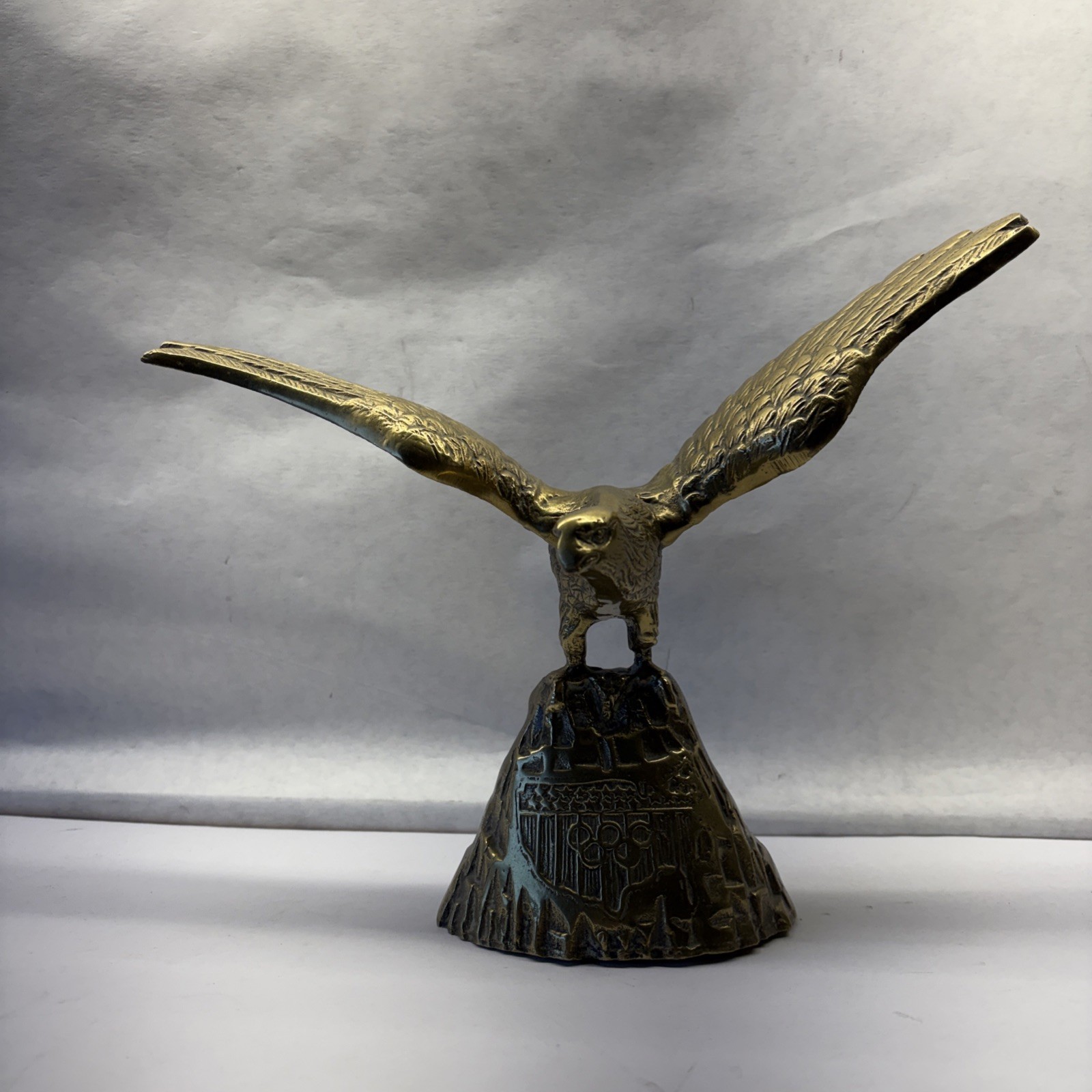 Brass Bald Eagle Statue 11.5” Wingspan Olympic Rings USA Shield Sculpture