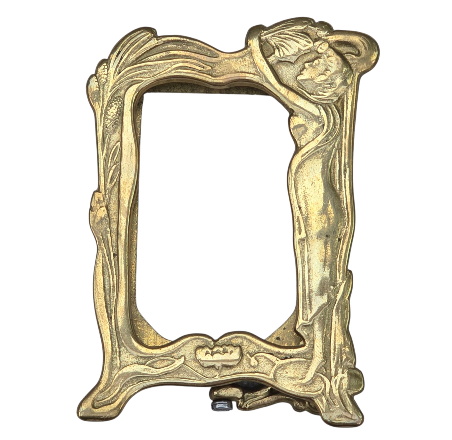 Antique Art Nouveau Nude Lady Brass Picture Photo Frame w/Stand Glass 3\