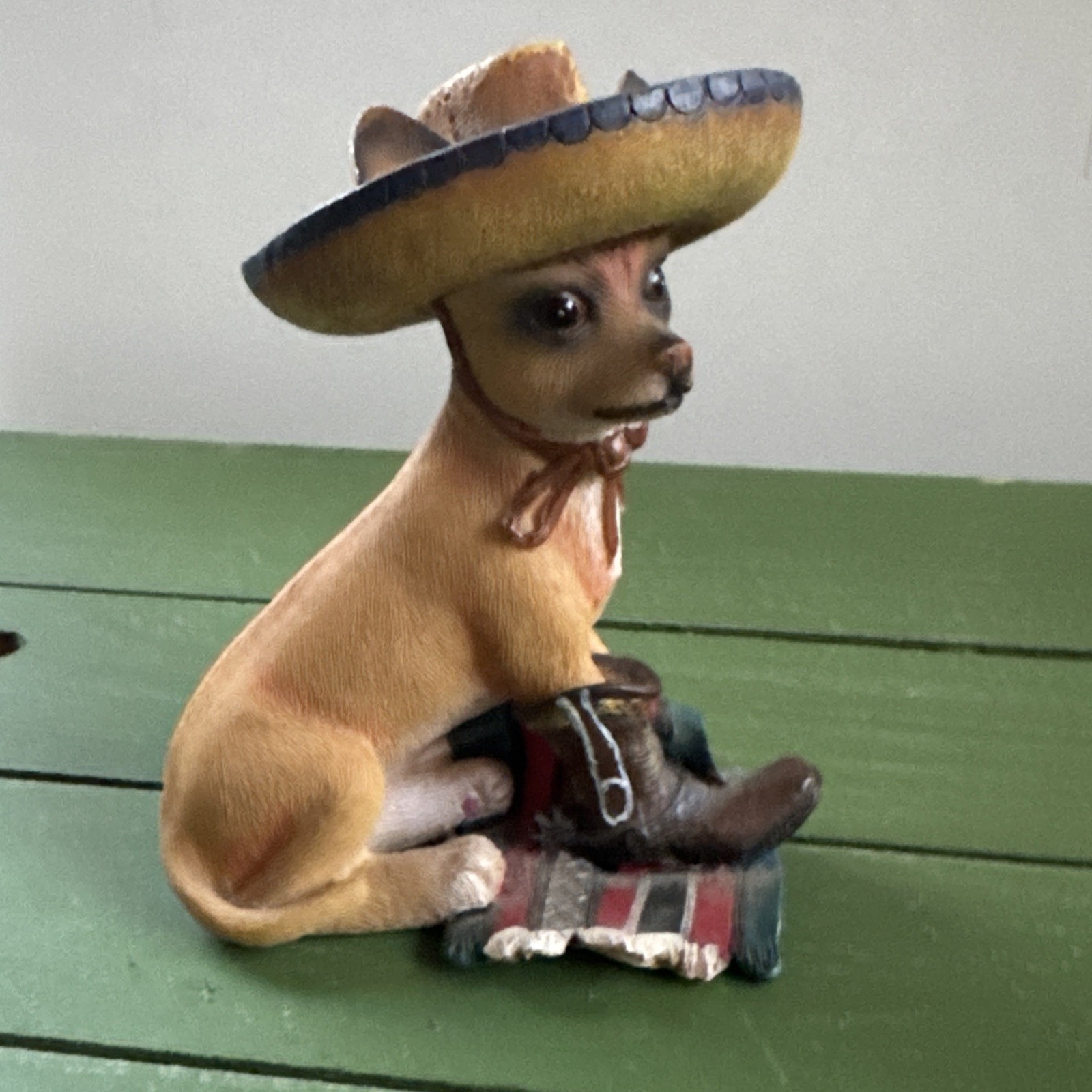 Rare Adorable Sitting Chihuahua Figurine With Boots & Sombrero On