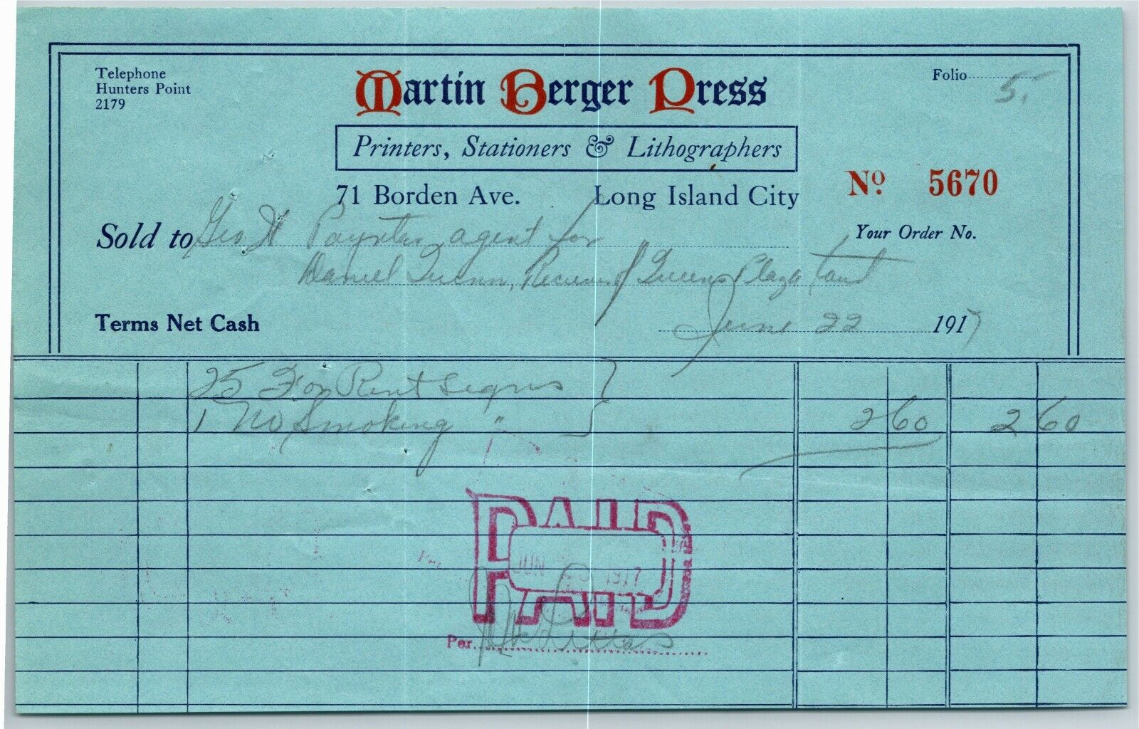 1917 LIC NY Letterhead Martin Burger Press Printers Stationers Lithographers