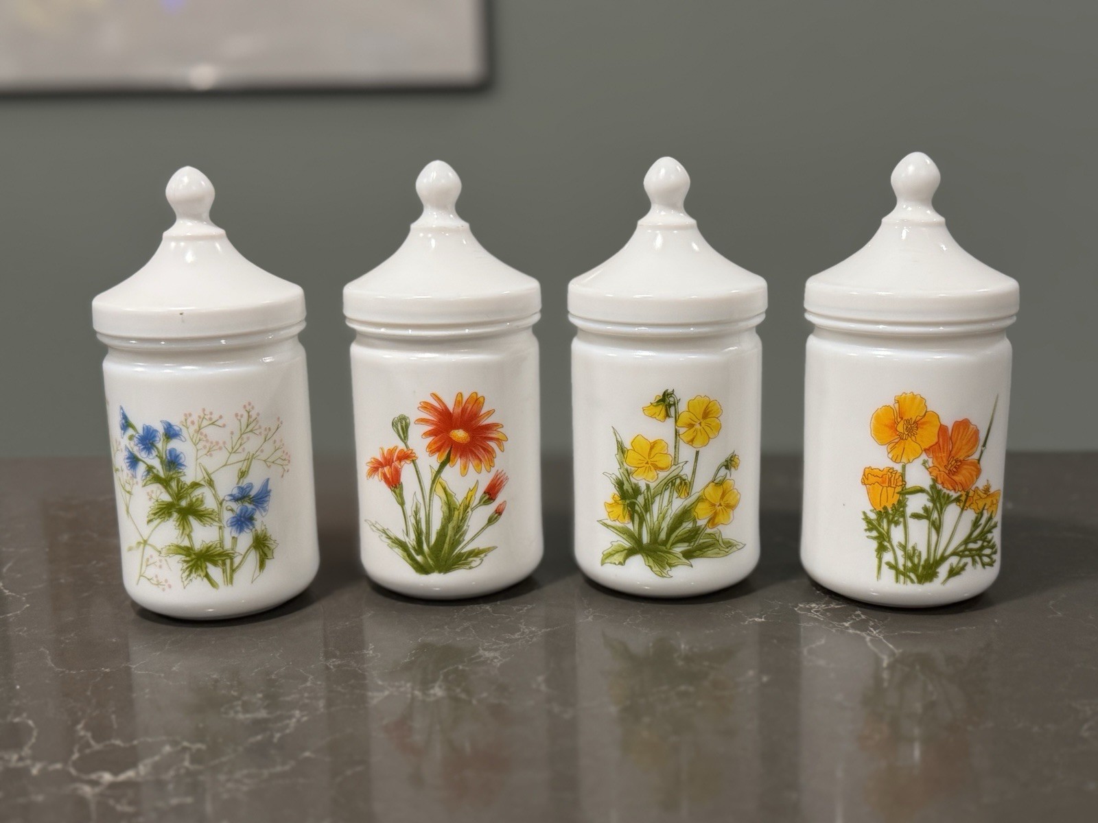 Vtg c.1970’s Arcopal France Milk Glass Wildflower Spice Apothecary Jars Set of 4