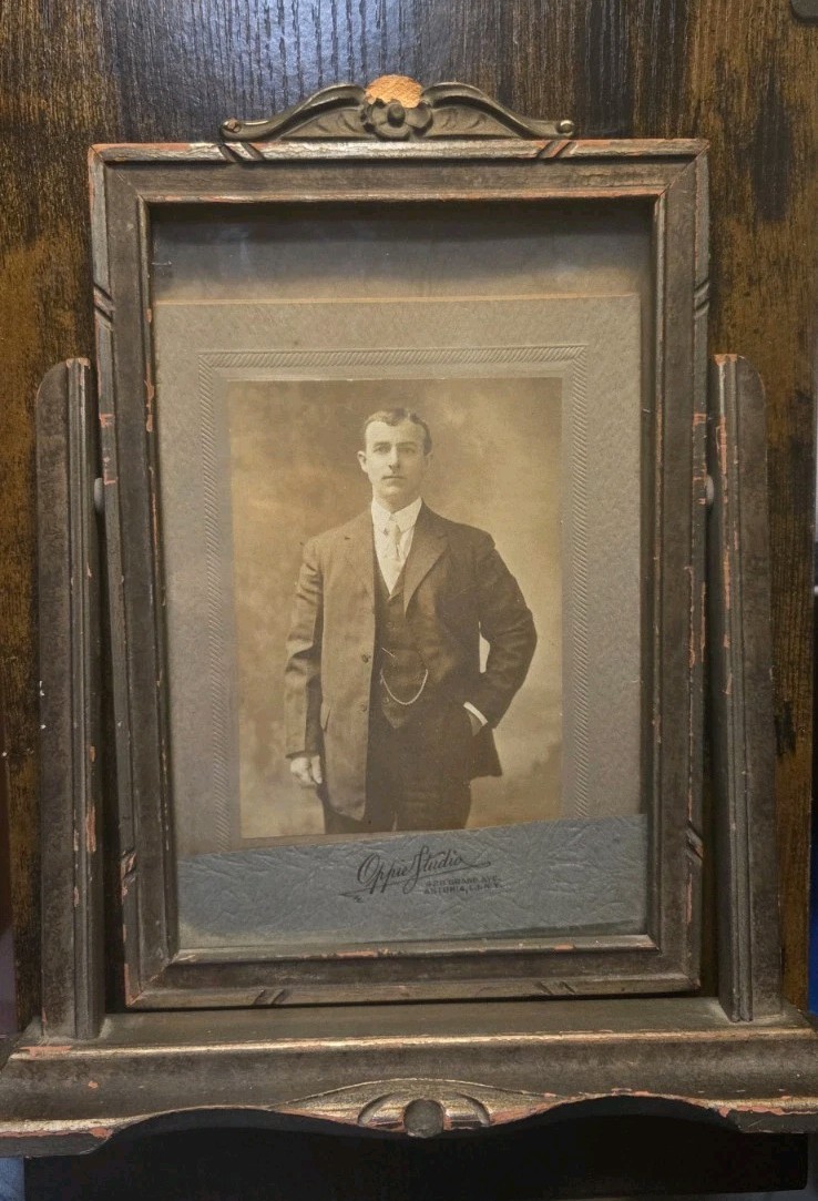 Antique Wooden Swing Desk Frame with 1910s Astoria NY Portrait Photo Edwardian