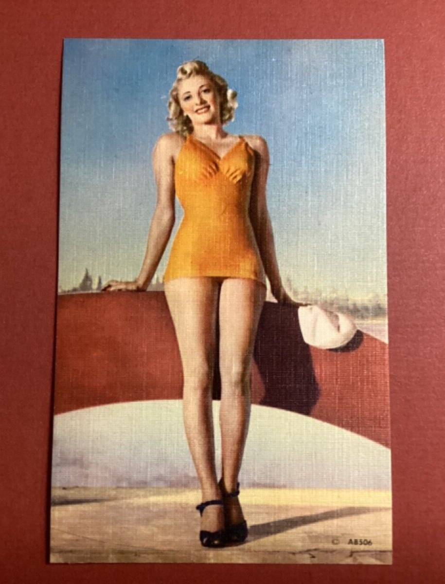 1940’s Long Legged Blonde Haired Bathing Beauty Pin Up Pre-Bikini Era NOS Linen 