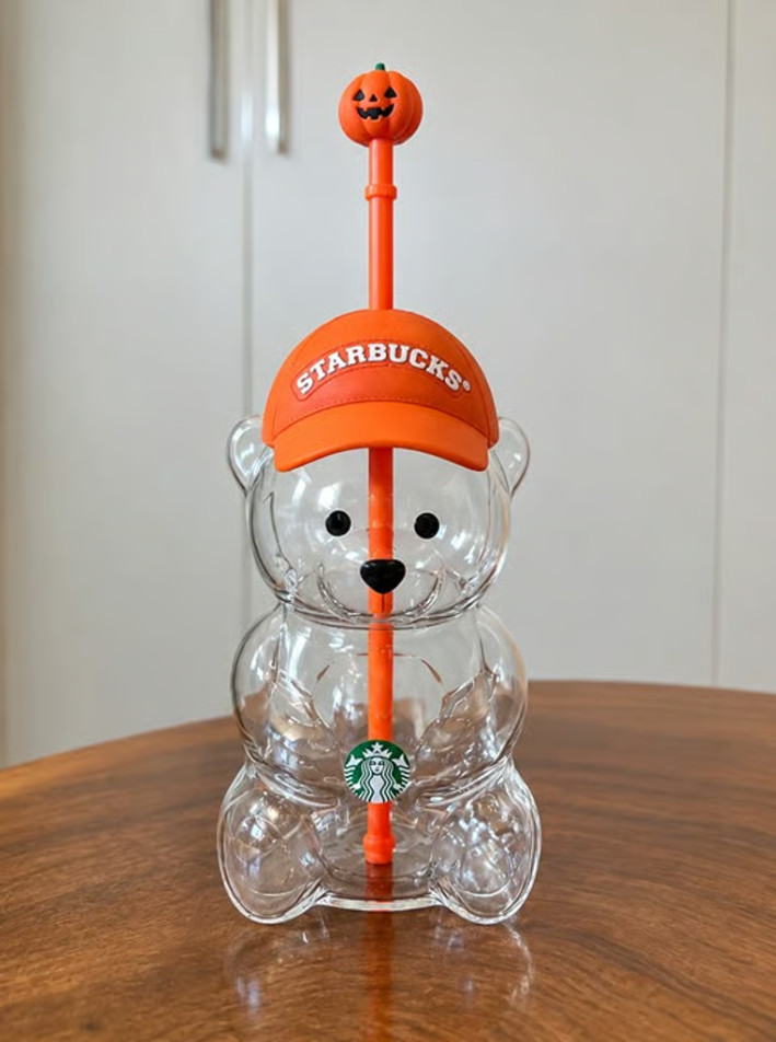 NEW SALE Starbucks Halloween Bearista Bear Cup Pumpkin Topper Glass Cup