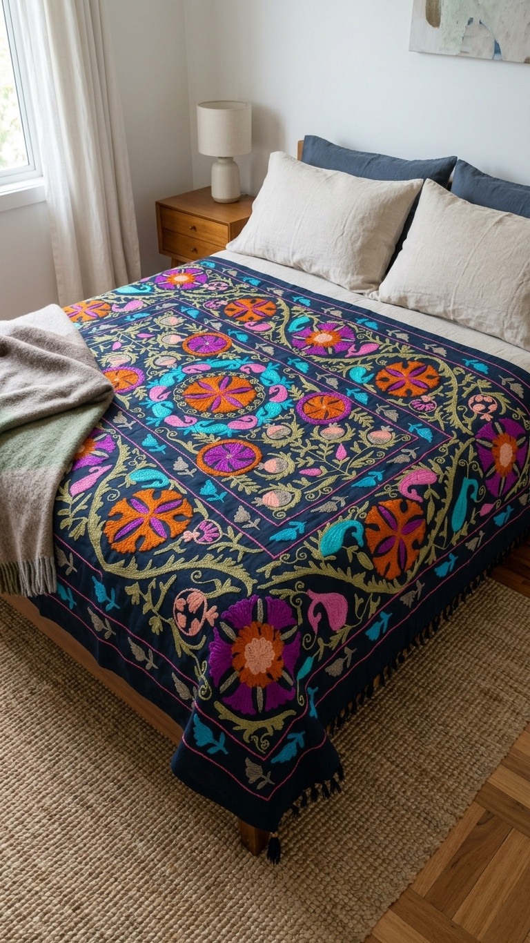 Handmade Uzbek Suzani Bedspread Black Embroidery Boho Wall Hanging Queen King