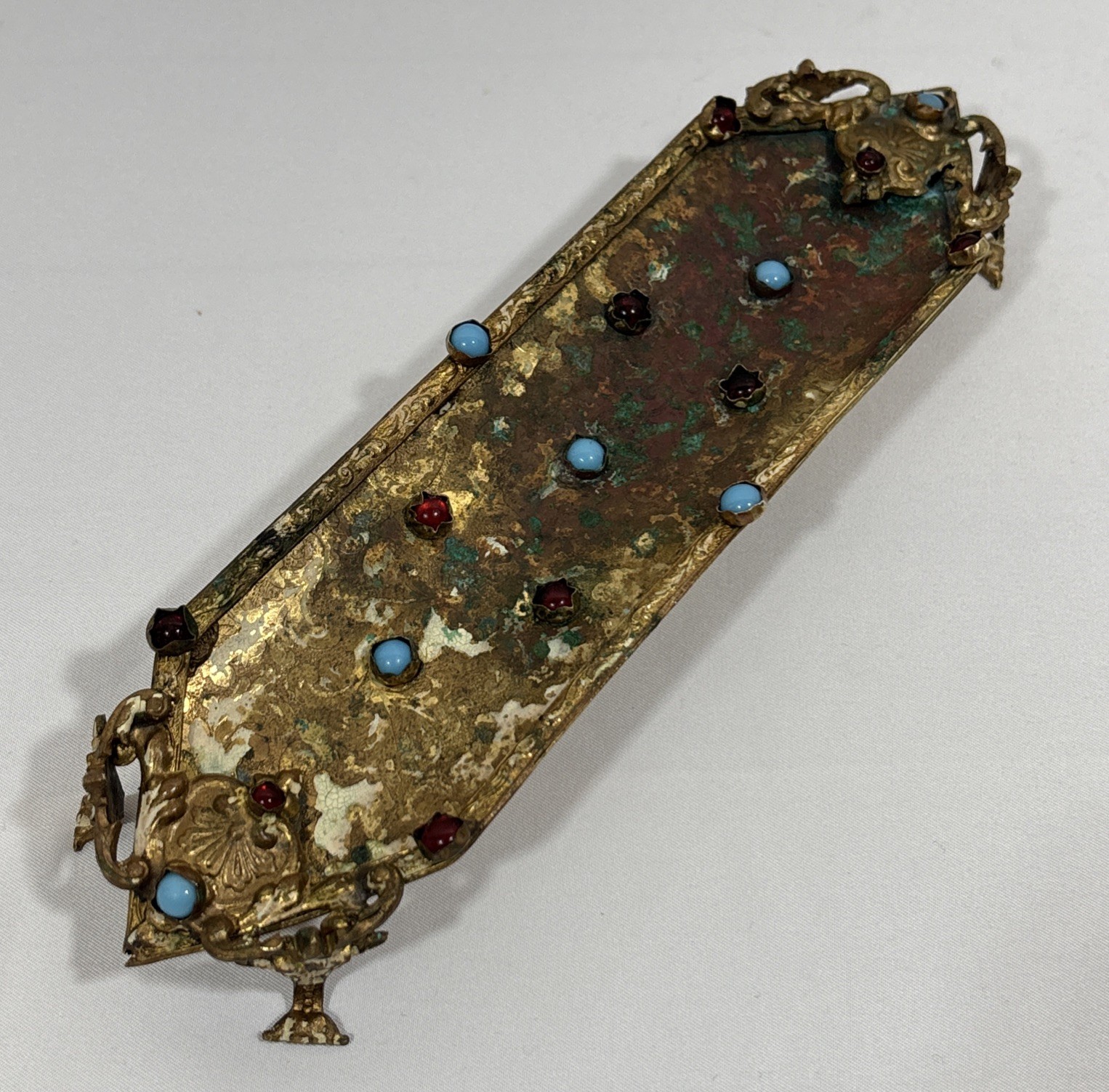 Antique Jeweled Enameled Brass Bronze Ormolu Desk Pen Holder Tray Footed Antique Jeweled Enameled Brass Bronze Ormolu Desk Pen Holder Tray Footed