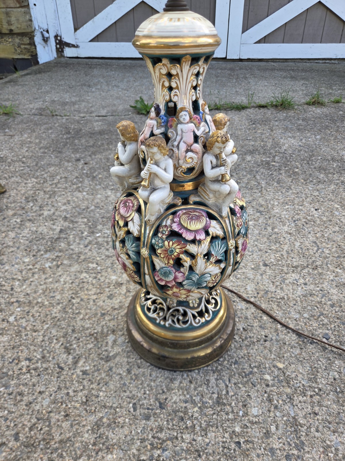 Vtg Italian Capodimonte Lamp Cherubs Flowers Gilded Pierced Open Work Porcelain
