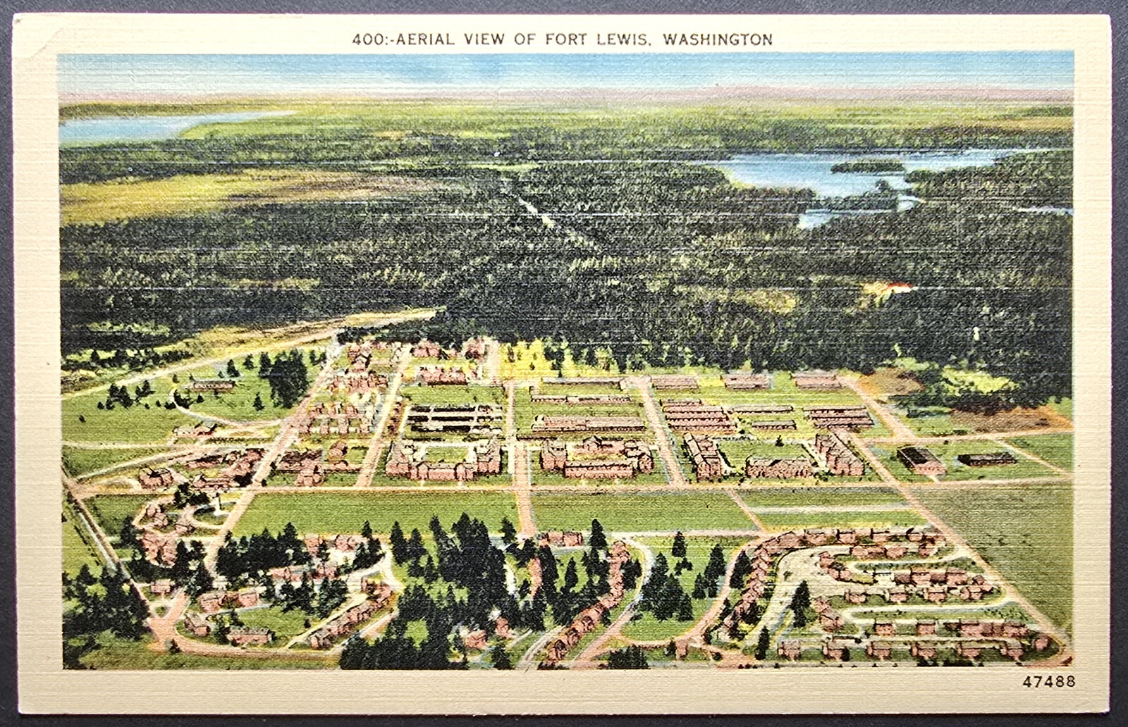 Aerial View Fort Lewis Washington WA Linen Postcard C.P. Johnston 47488 Aerial View Fort Lewis Washington WA Linen Postcard C.P. Johnston 47488