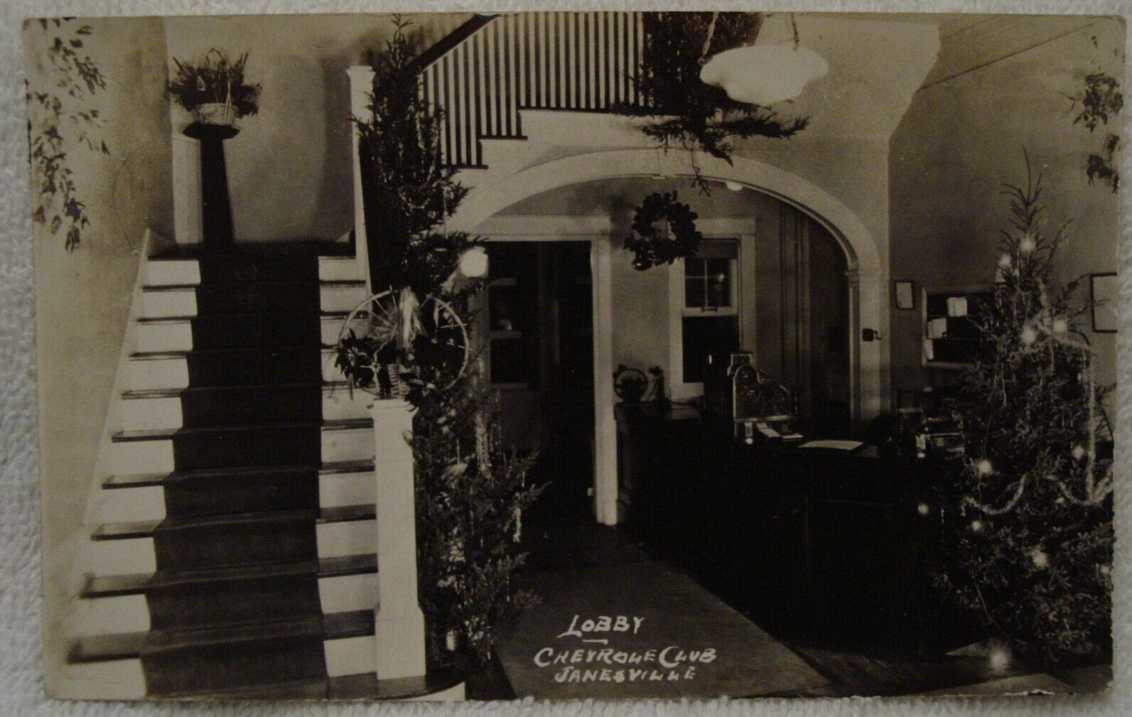 Rare 1920s CHEVROLET CLUB Janesville WI CHRISTMAS TREE Front Lobby RPPC Postcard