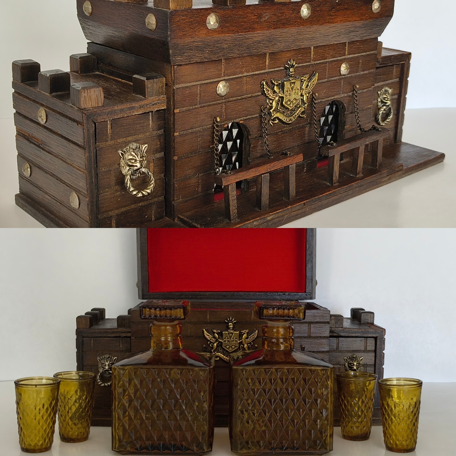 VTG 70s S Sper Bijou MEDIEVAL Liquor Wood Castle Brown Glass Decanters Bar Set VTG 70s S Sper Bijou MEDIEVAL Liquor Wood Castle Brown Glass Decanters Bar Set