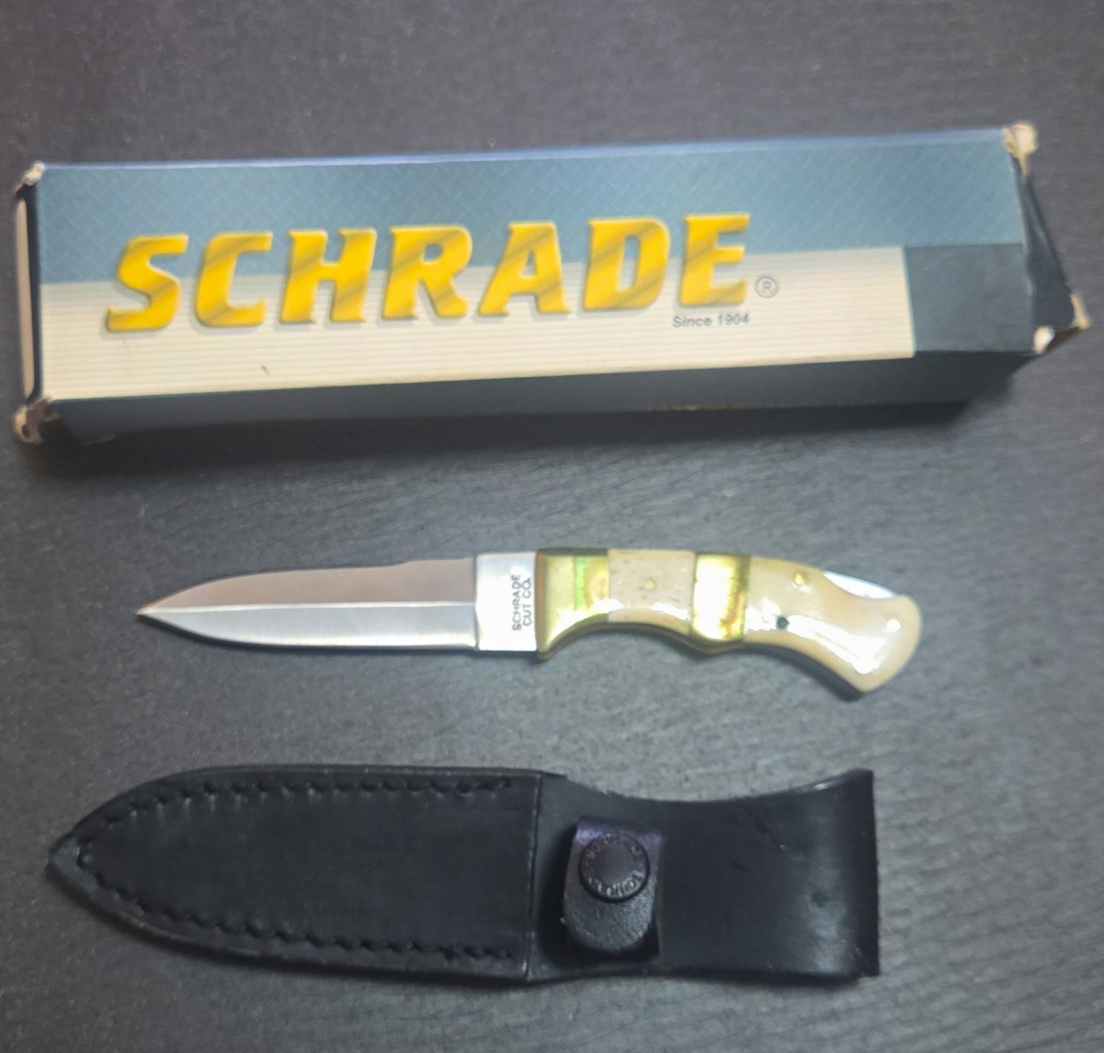Schrade Cut Co LB8WB Drop Point Stainless Fixed Blade Bone Handle, Sheath