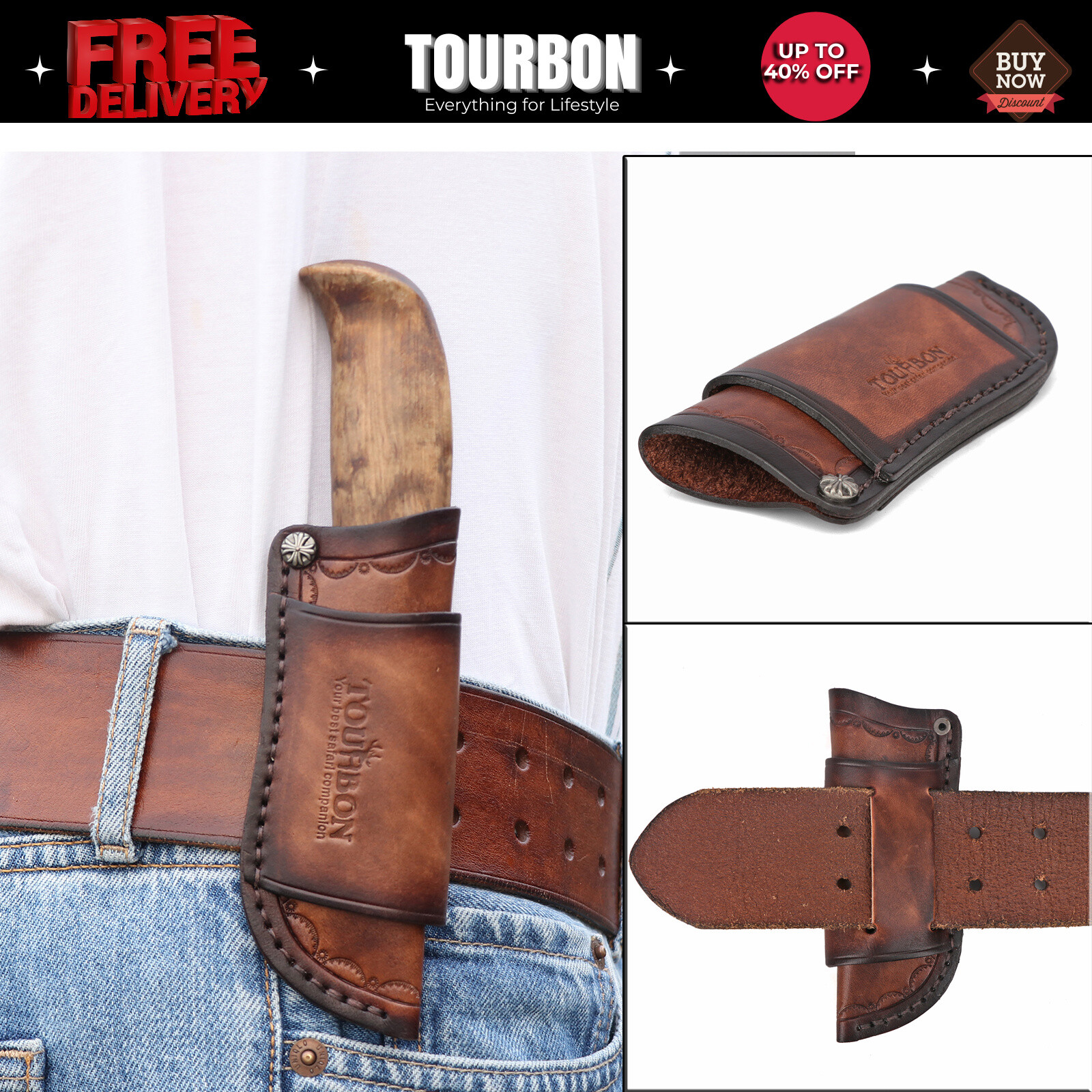 TOURBON Vintage Leather Knife Sheath Fixed Blade Case Pocket Knives Belt Pouch