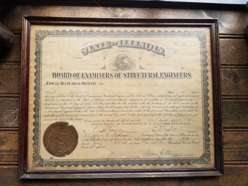 Vintage Rare Certificate State of Illinois structural engineers 1916 in Frame