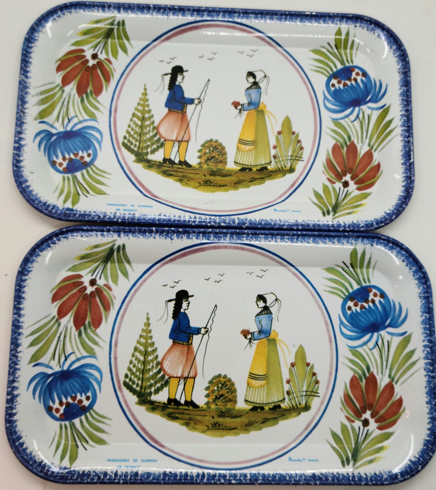 Vintage Henriot Quimper  Metal Tin Massilly Tray France Pastoral Folk Scene Two