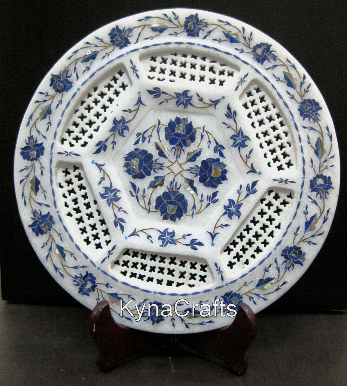 11 Inches Round Marble Office Plate Lapis Lazuli Stone Inlaid Decorative Plate