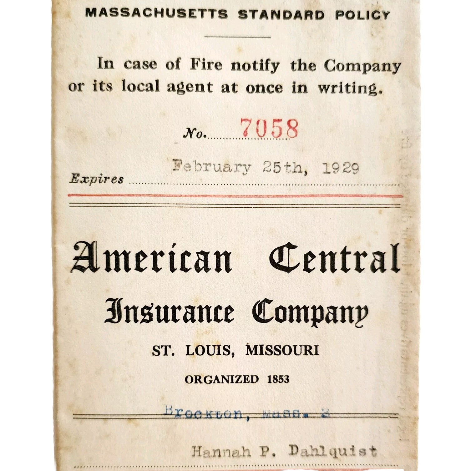 1924 American Central Insurance Co Policy George Fisher Stamp-Signed E3