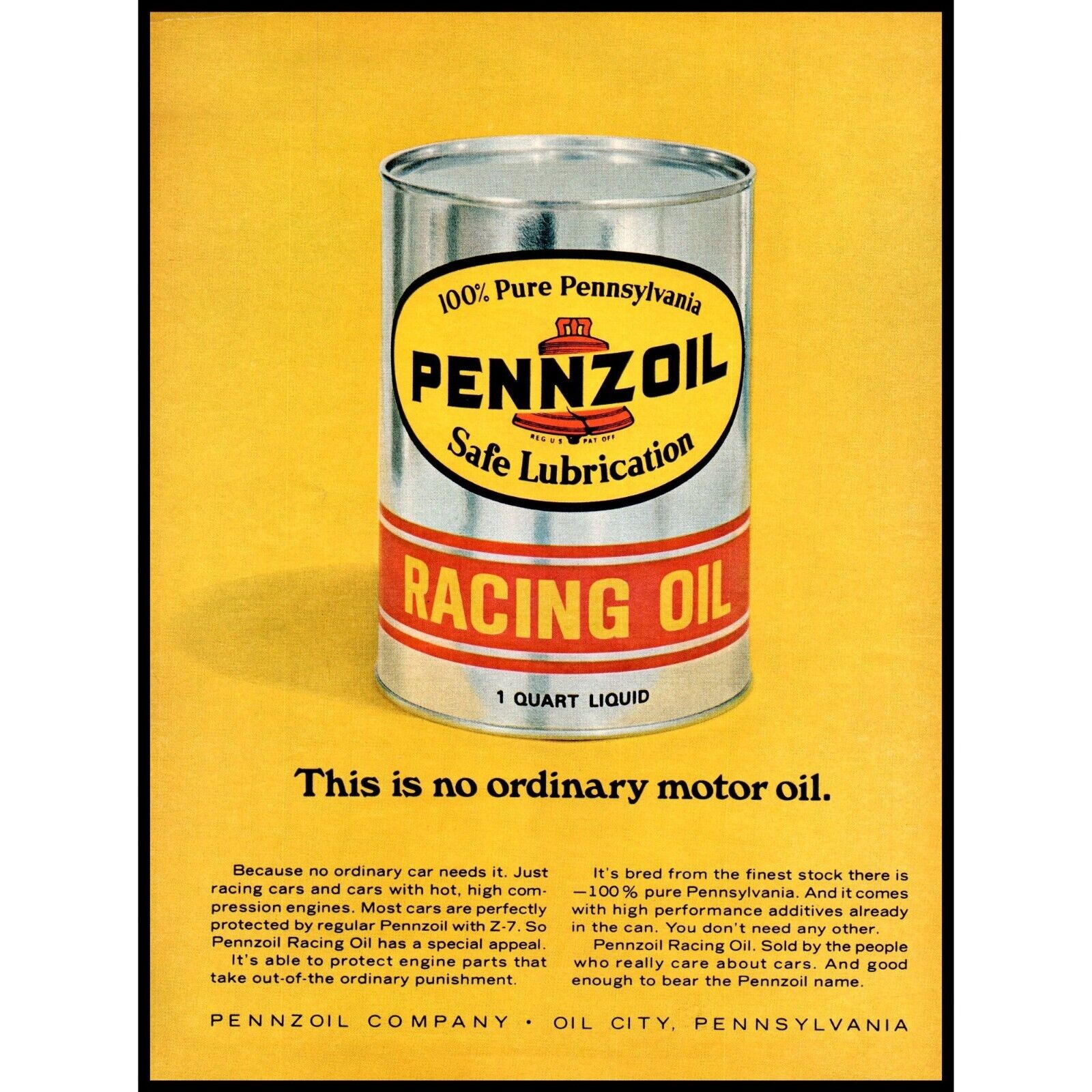 1967 Pennzoil Racing Motor Oil Vintage Print Ad Yellow Silver Metal Can Wall Art