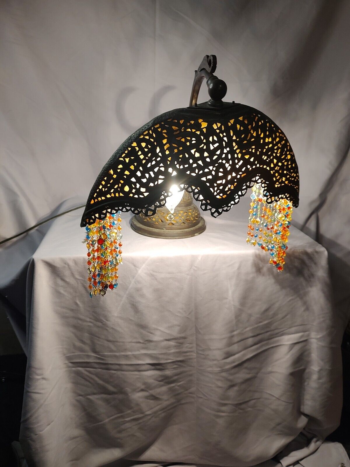 Rare & Unusual Antique Moorish Brass Syrian Desk Lamp Antique Repaired Beaded 