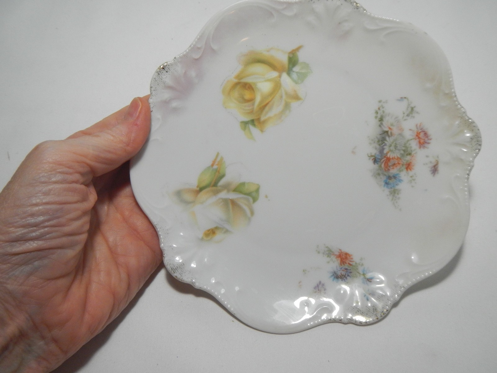 Hand painted German Porcelain Plate Floral Yellow Rose trinket dish
