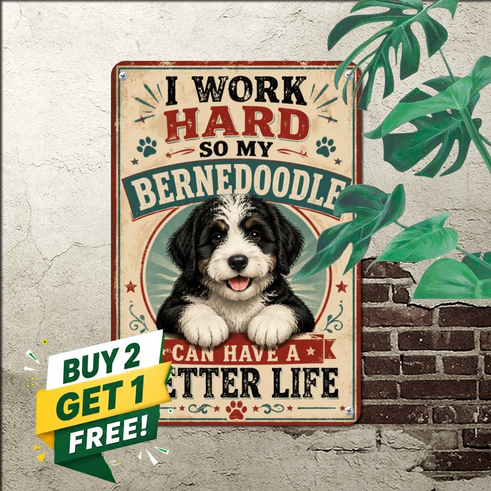 Bernedoodle Puppy Dog Tin Sign Cute Pet Portrait Living Room Metal Plaque