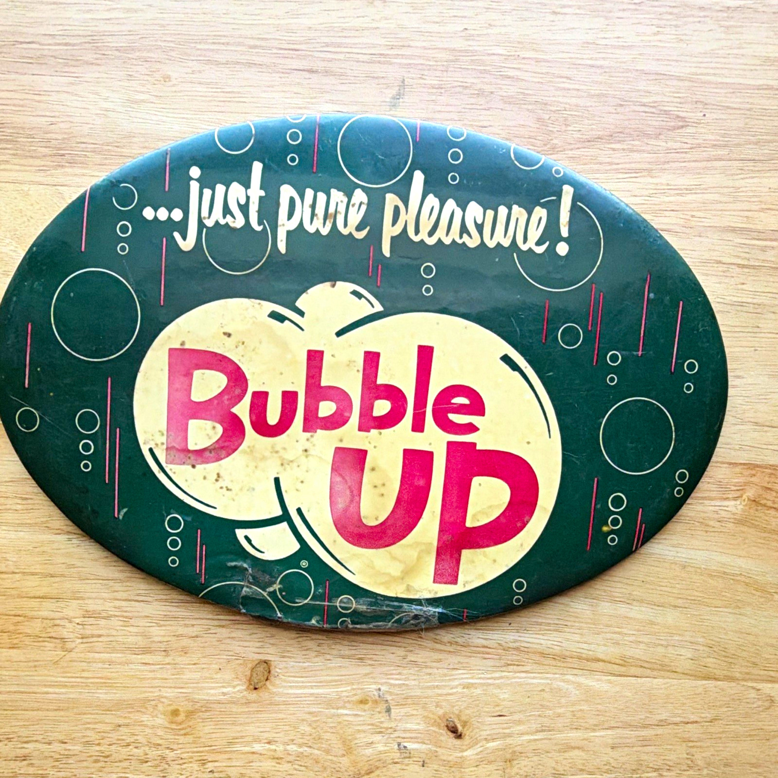 Vintage Bubble Up Soda Advertising Oval Sign “Just Pure Pleasure” 1950s