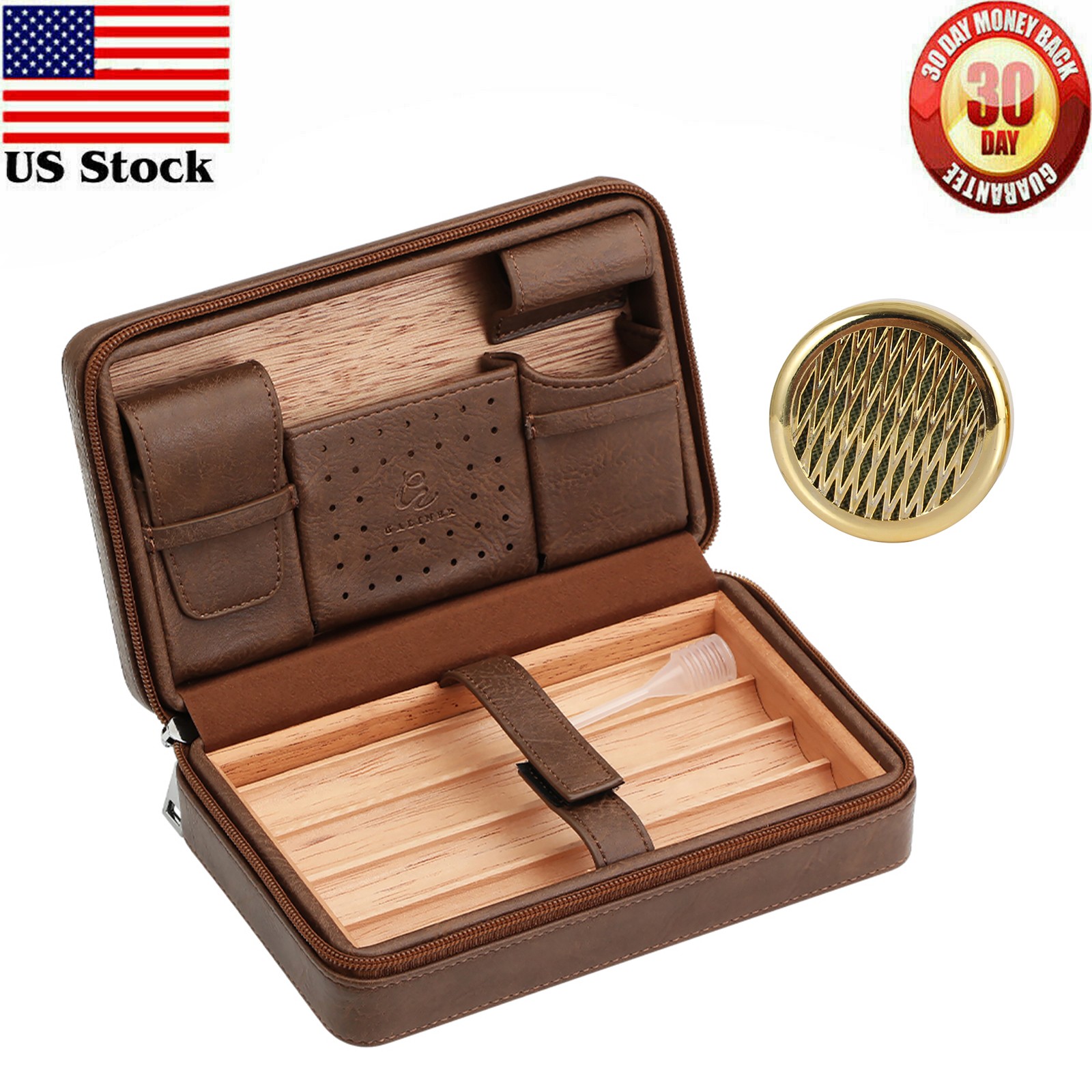 Galiner Travel Leather Cigar Humidor Case Cedar Wood Humidity Box W/ Humidifier