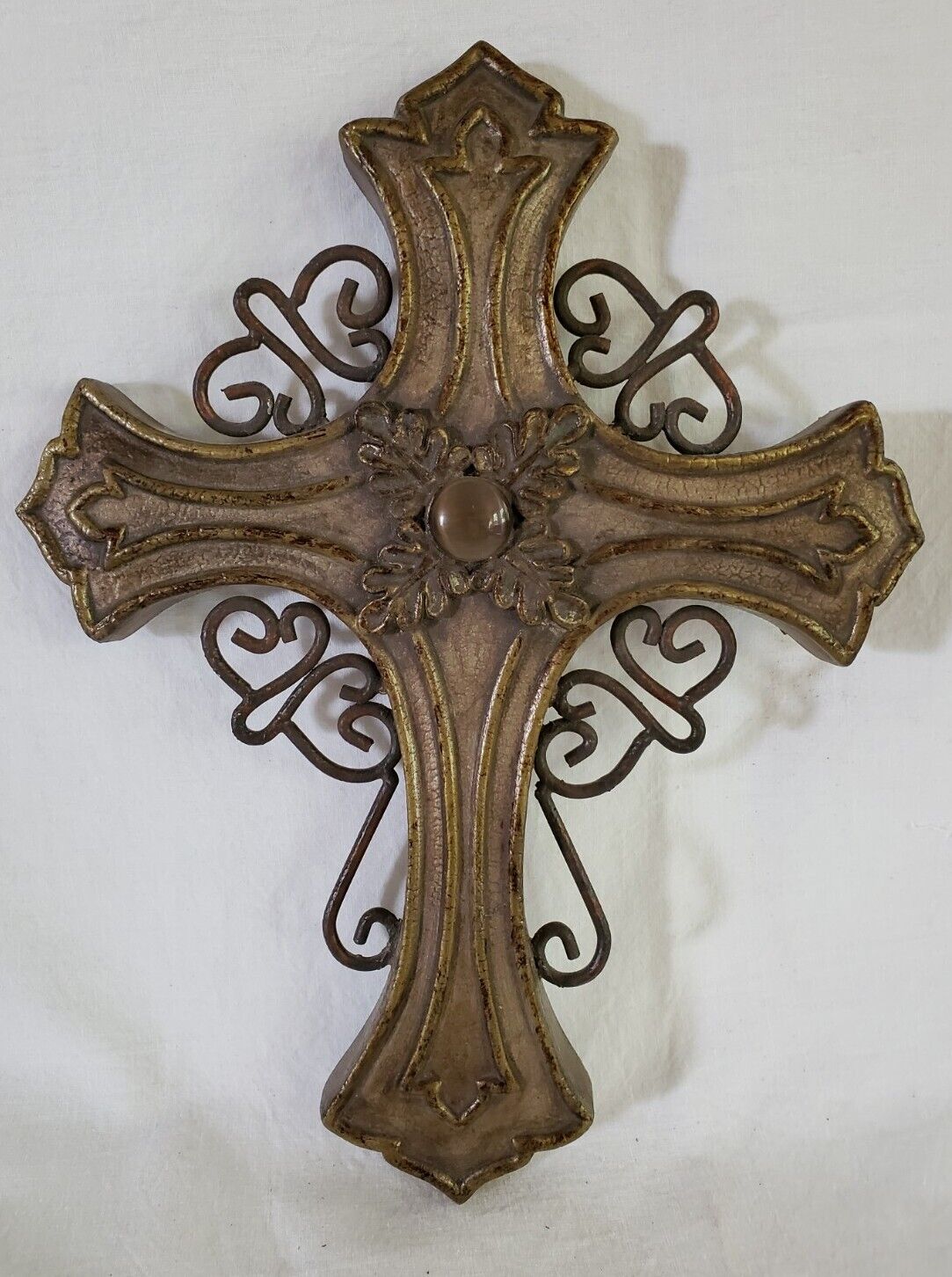 Bombay Co Bejeweled Wires Gold Tone Rustic French Look Wall Cross Crucifix 