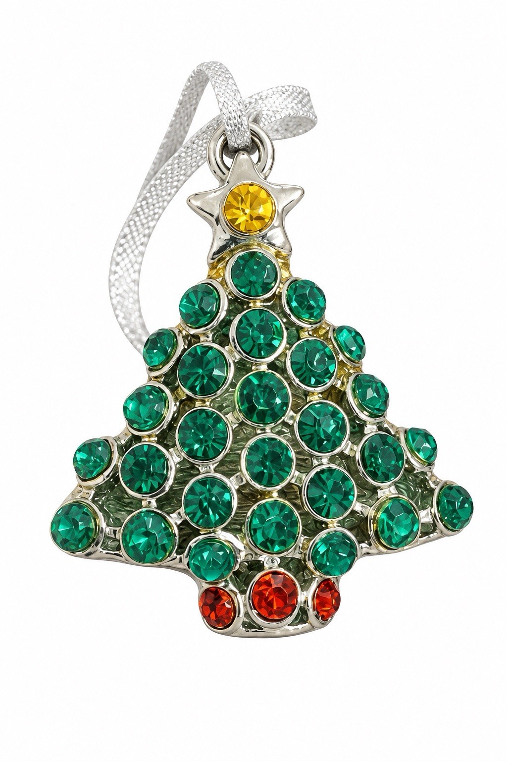 VTG Ganz Rhinestone Christmas Tree Ornament Silver Tone Red Green Holiday