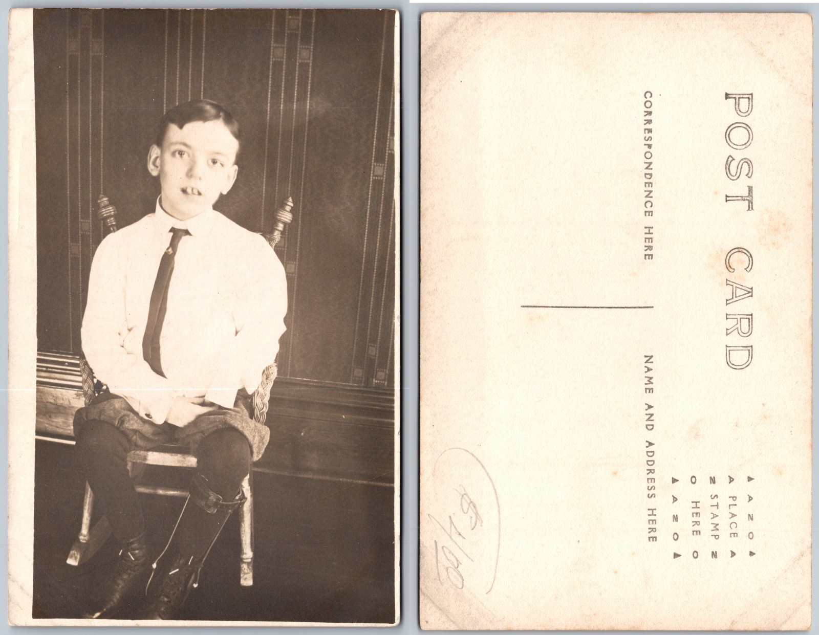 RPPC Seated Boy Studio Portrait Photo Postcard