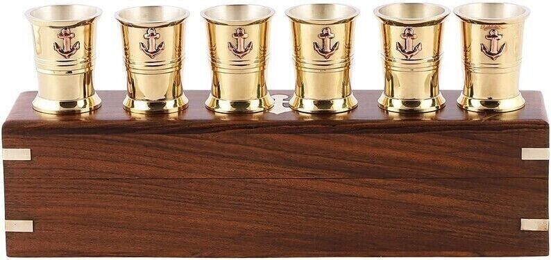 6 Brass Shot Cups Glasses Rosewood Storage Case Vintage Medieval Brass Elegant