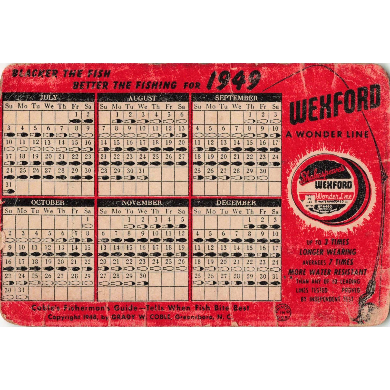 Vintage 1949 Shakespeare Wexford Wonder Line Fishing Calendar Card VG