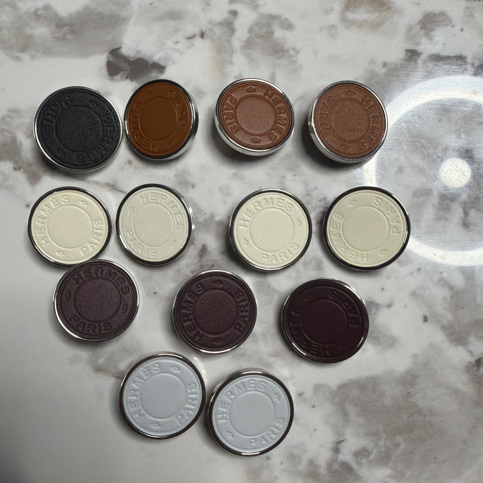 Hermès Leather Buttons metal / resin made in France Authentic Set Of 13 New