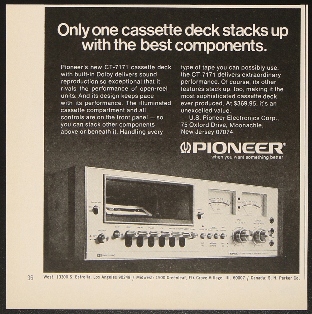 Pioneer CT-7171 Cassette Tape Deck Vintage Print Ad 1975