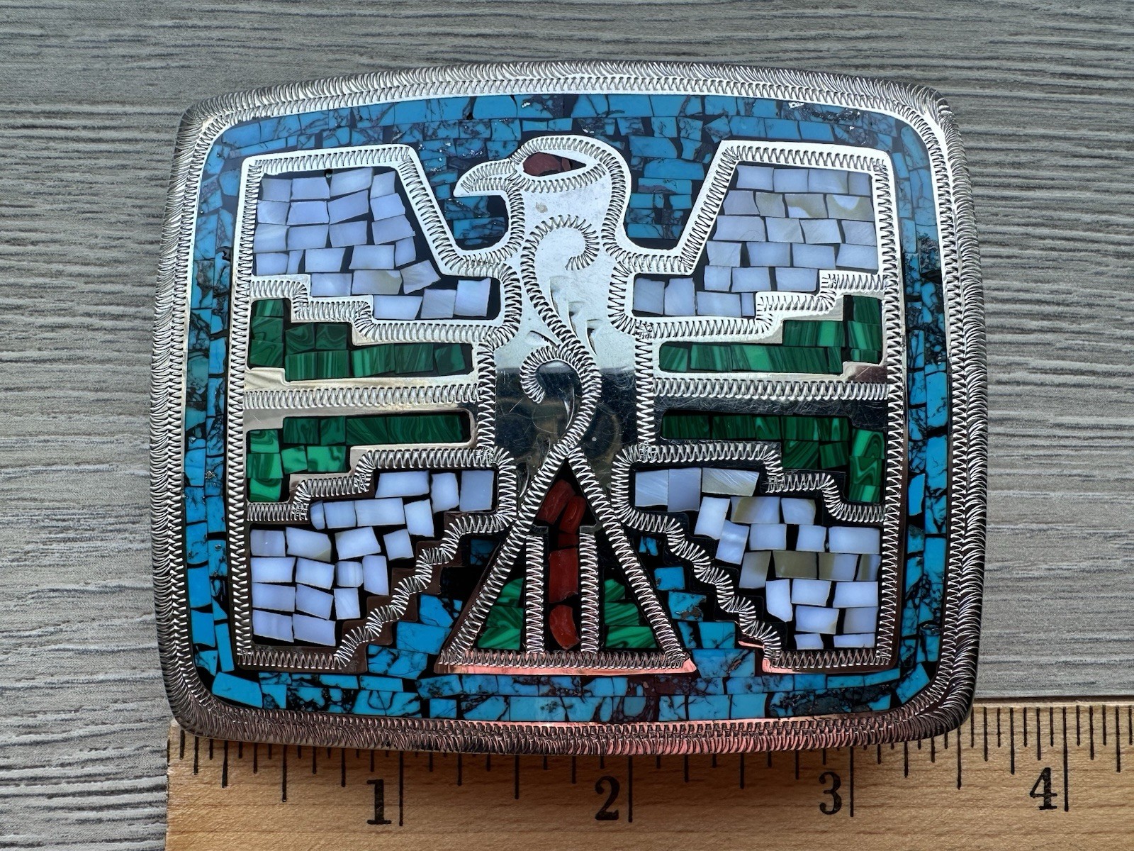 vintage Southwestern-style mosaic inlay belt buckle by Johnson & held
