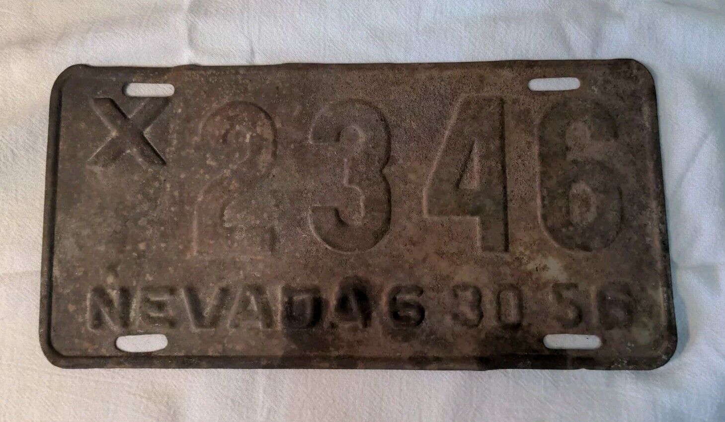 Vintage 1956 Nevada Single License Plate X 2346 6 30 56 Rust Weathered but Solid
