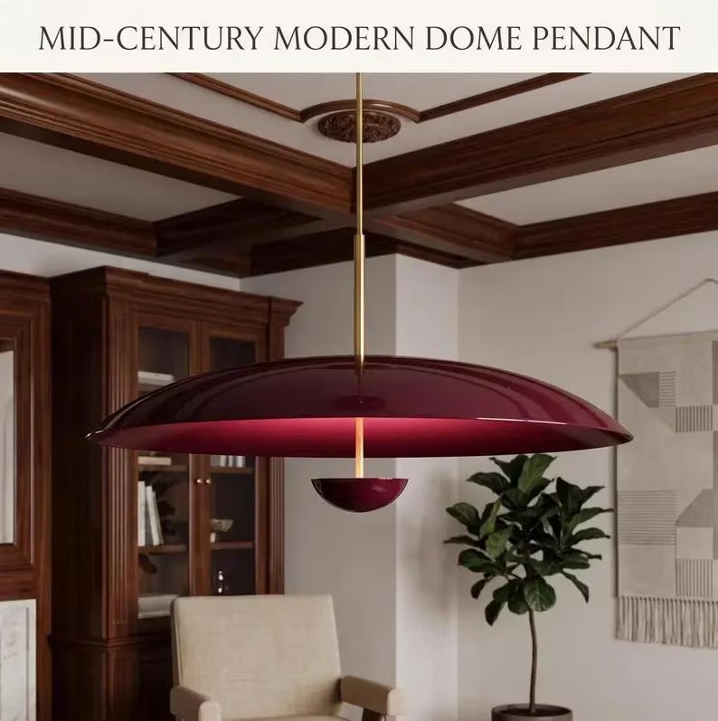 Mid Century Modern Dome Pendant Light -Large Burgundy Enamel Hanging MCM Chandel