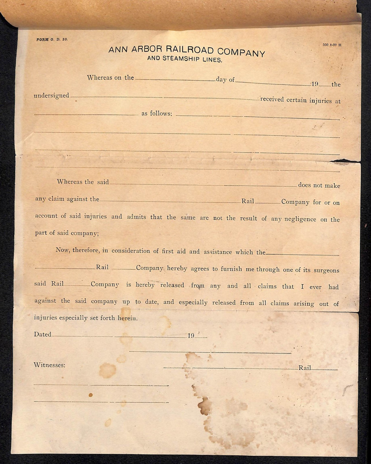 c1910 Ann Arbor Railroad Co. and Steamship Lines Injury Affidavit Form & Note
