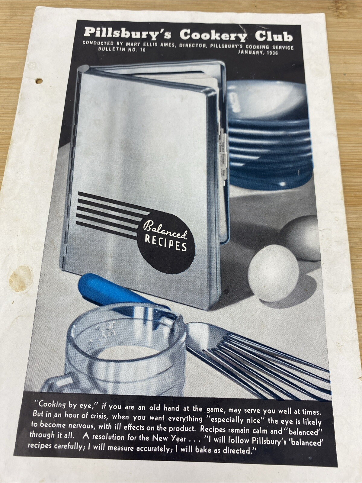 PILLSBURY\'S COOKERY CLUB BULLETIN No. 16 January 1936 Balanced Recipes Retro Vtg