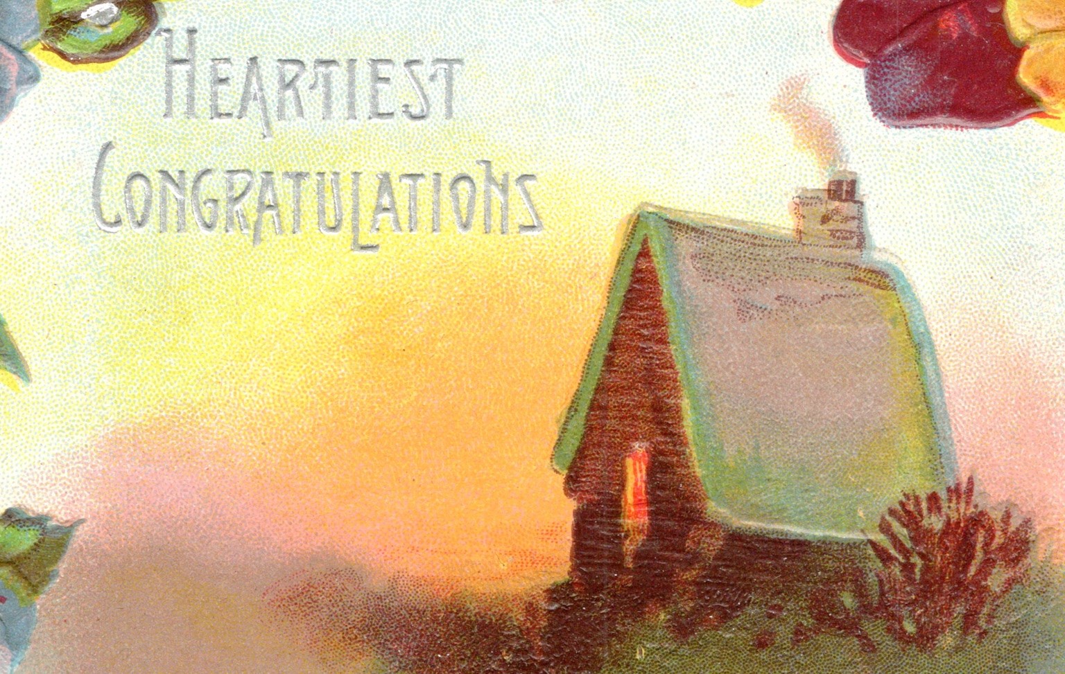 Heartiest Congratulations Cottage Pansy Embossed Postcard 1911 Posted