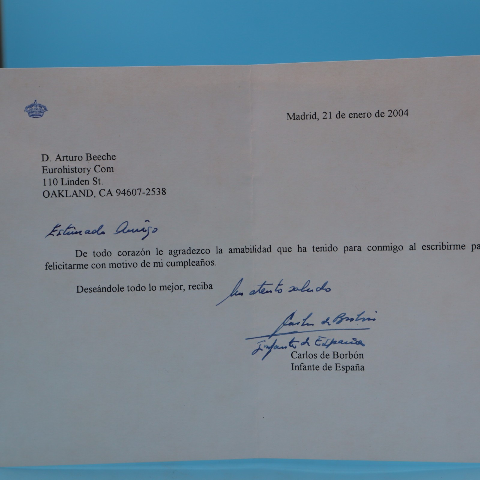 INFANTE CARLOS DE BORBON SIGNED AUTOGRAPH LETTER 2004-Original ROYALTY