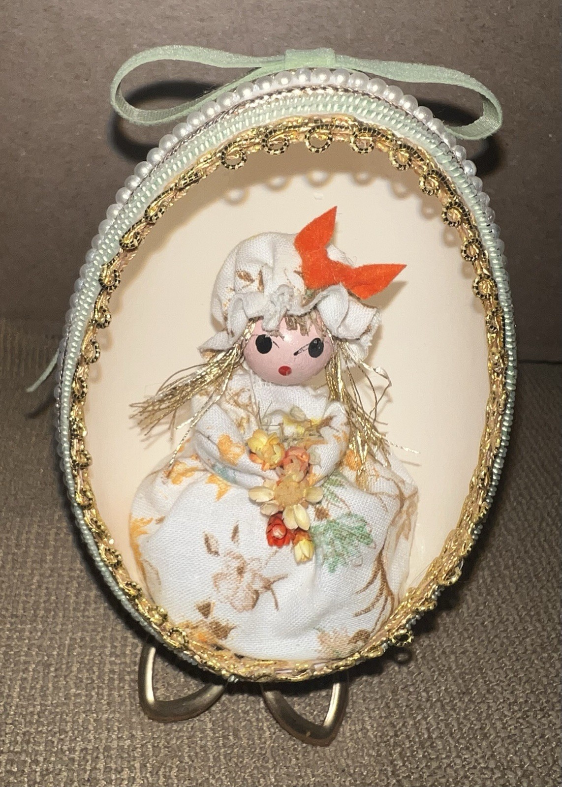 Vtg OOAK Handcrafted Egg Diorama Girl with Stand Kitsch