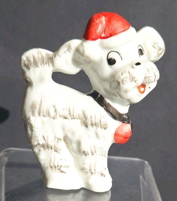 Vintage China terrier poodle dog santa hat Japan xmas figurine 3.5 inches