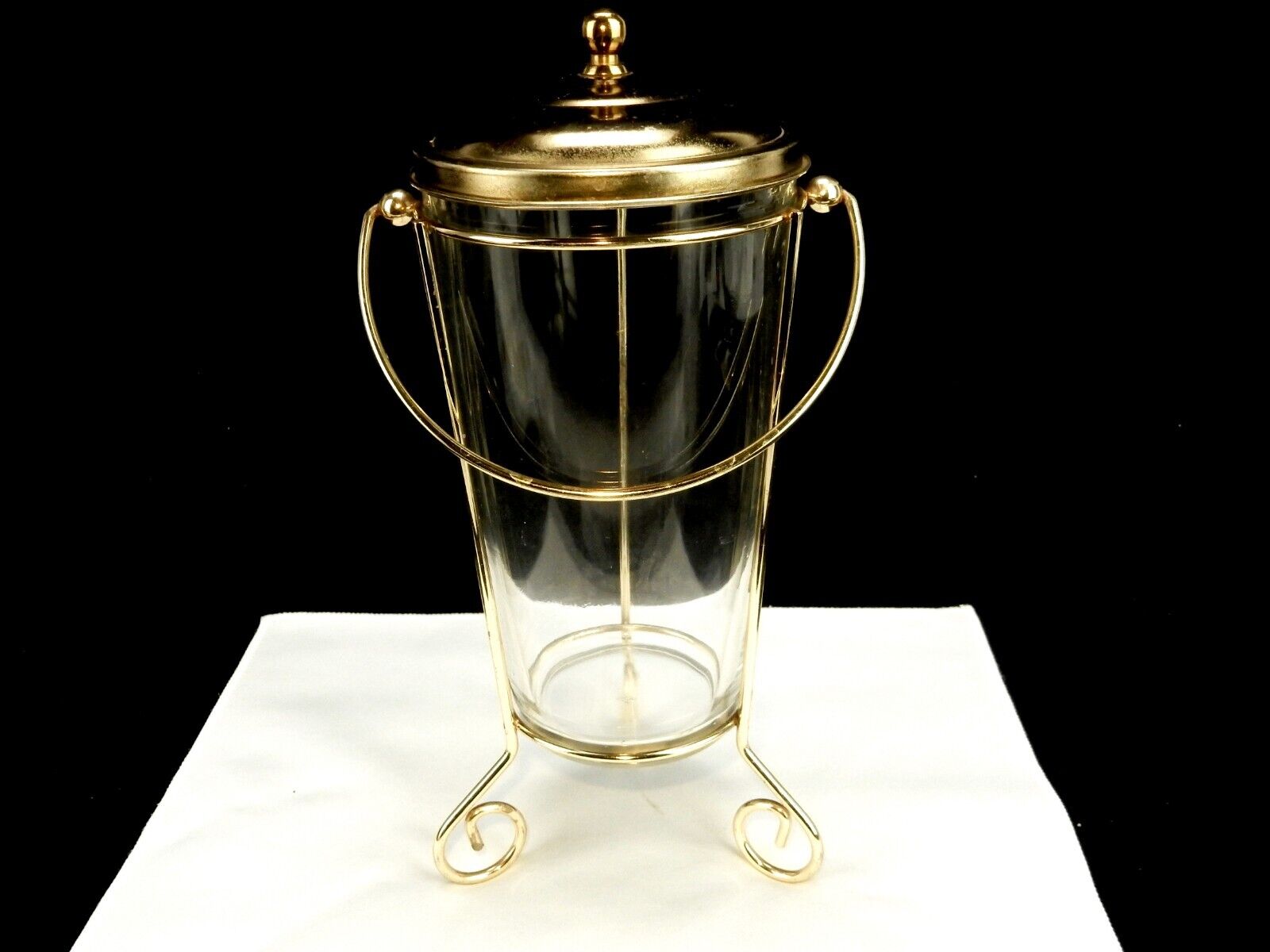 Hazel Atlas Glass Ice Bucket, Footed Brass Frame, Lid & Handle, Vintage Barware