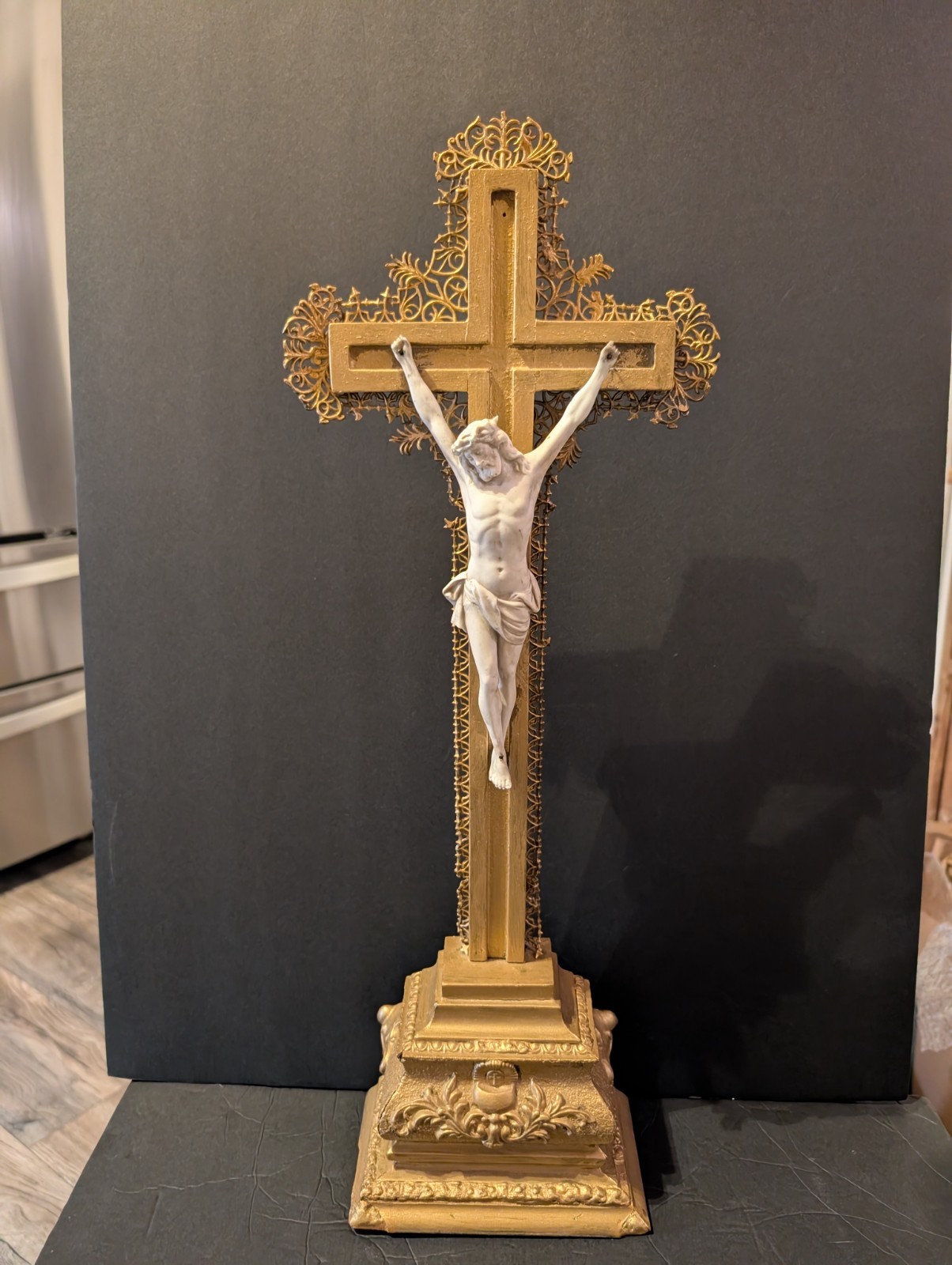 Antique French Altar Cross Crucifix, Metal,Wood, Porcelain 21