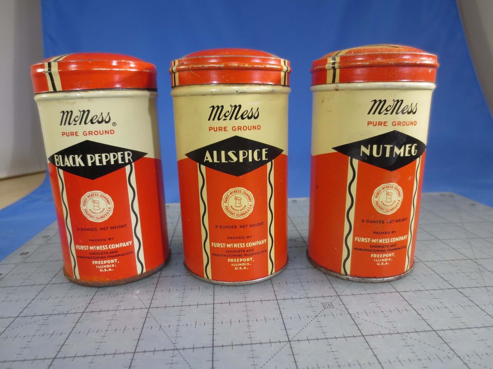 Vintage McNess Black Pepper, Allspice, Nutmeg Tins. Antique Advertising Vintage McNess Black Pepper, Allspice, Nutmeg Tins. Antique Advertising