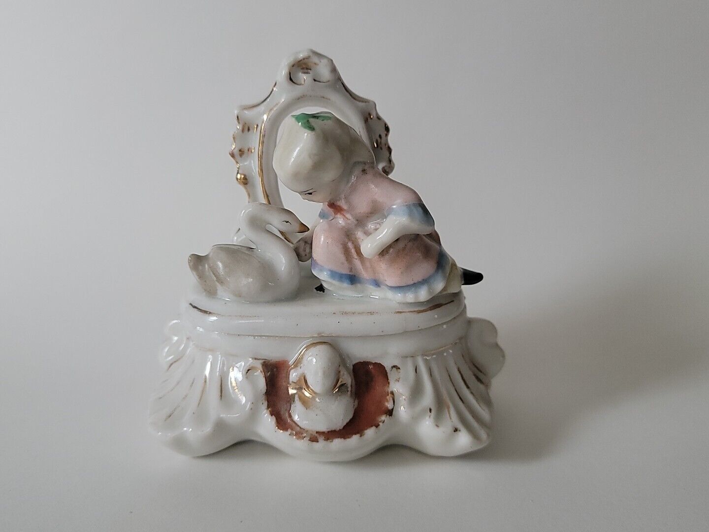 Antque German Faring Trinket Box Girl Swan Porcelain